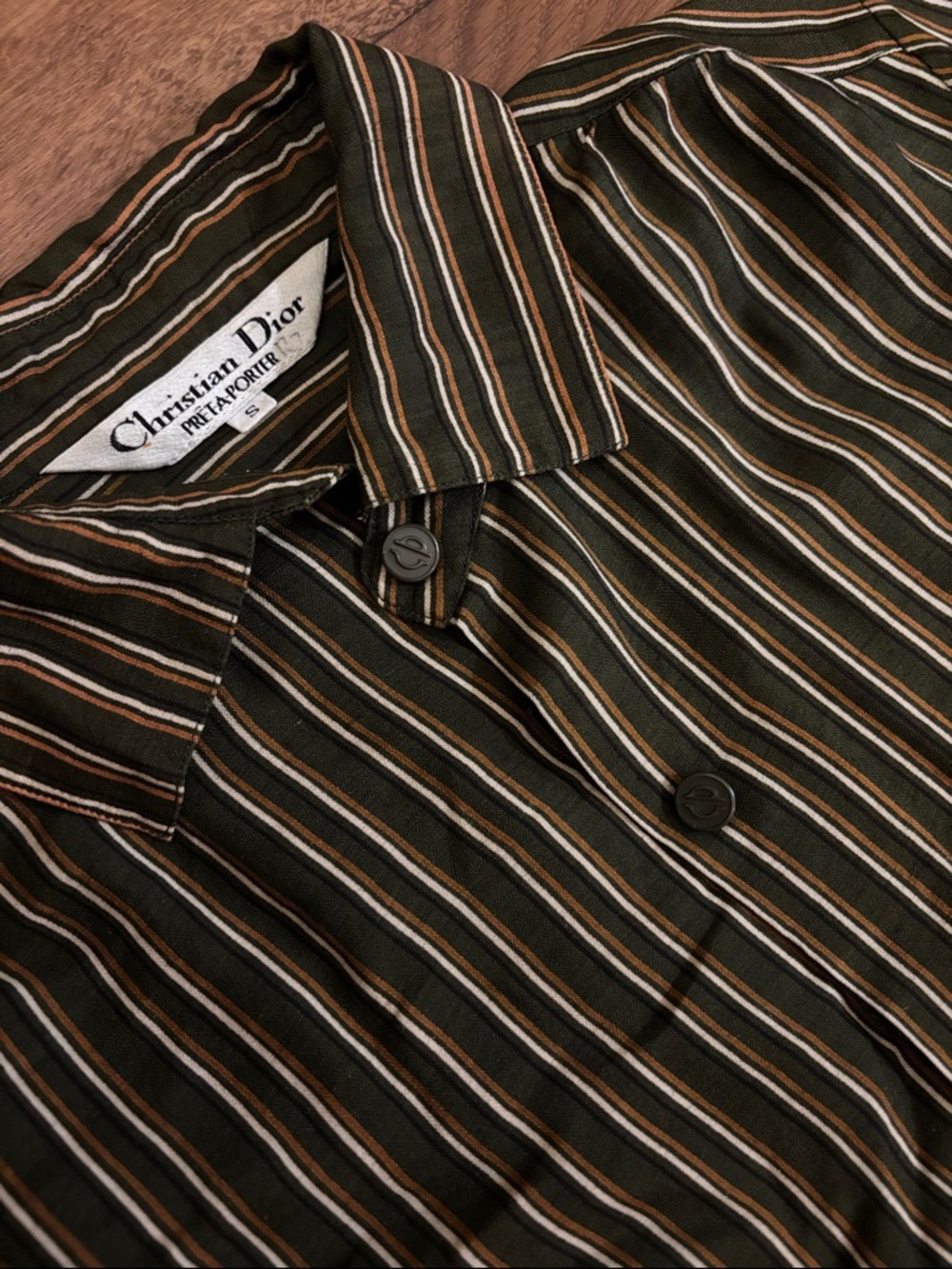 Vintage Dior Striped Button-Up Shirt in Olive, Brown & White